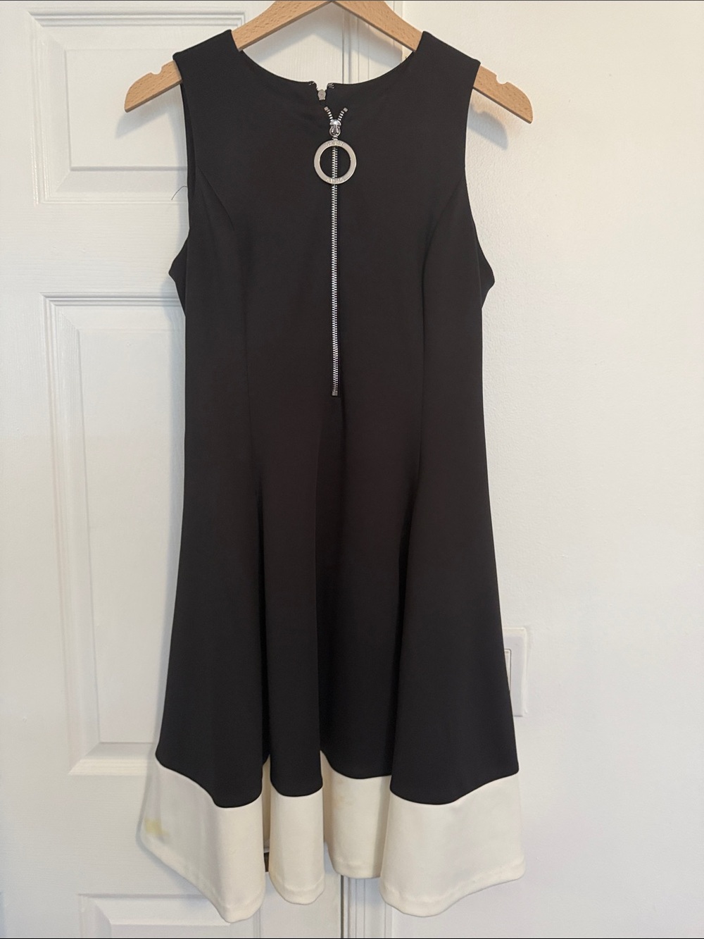 DKNY Black Midi Dress with Cream Hem and Front Ring Zip